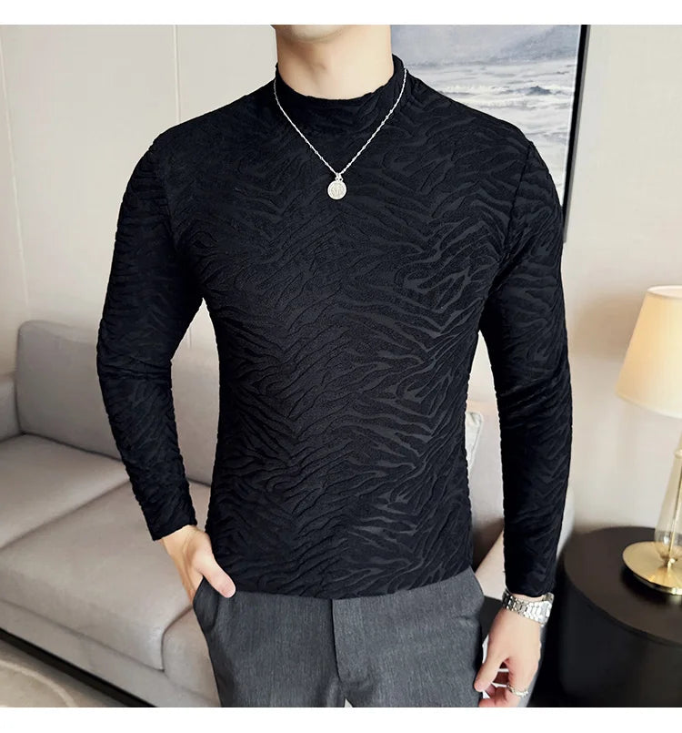Semi-turtleneck Stretch Slim Fit T Shirt Men Long Sleeve Thicken Velvet Tiger-pattern Bottom T-shirt Business Casual Tshirt Street King Limited