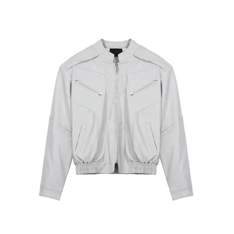 short pu leather jacket men shoulder pad stand collar trend bomber outwear 2023 korean streetwear zipper unisex motorcycle coat unique shorts style 2332