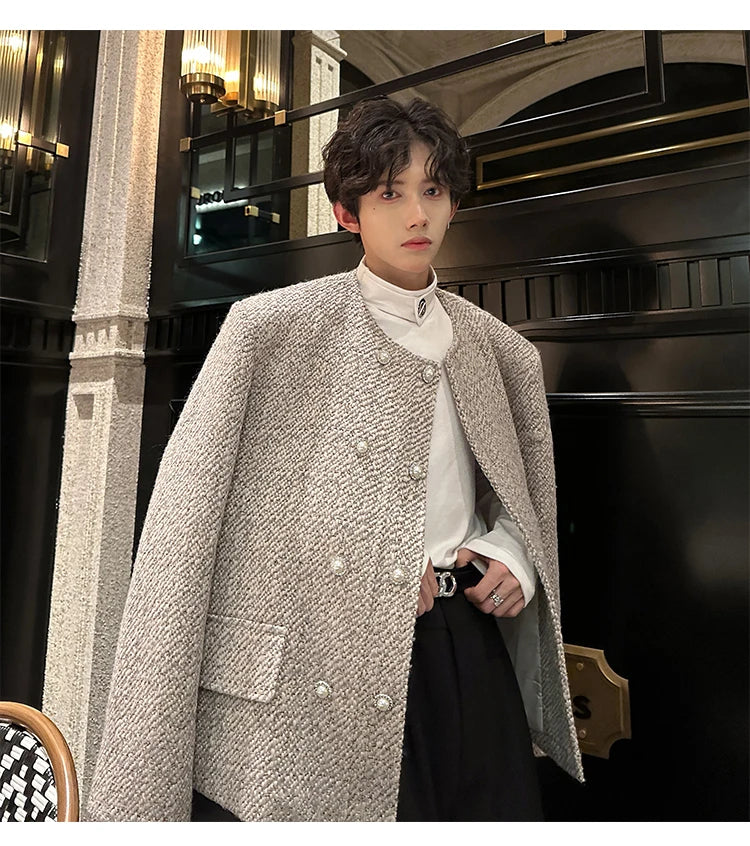 men double breasted french retro loose casual woolen short jacket man korean streetwear show fashion coat autumn outerwear unique shorts style 1317