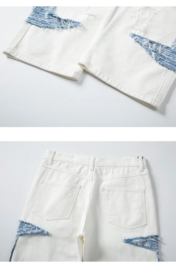 mens high street denim jean pants casual loose destroyed ripped holes straight jeans side patchwork hip hop streetwear joggers unique joggers style 1743