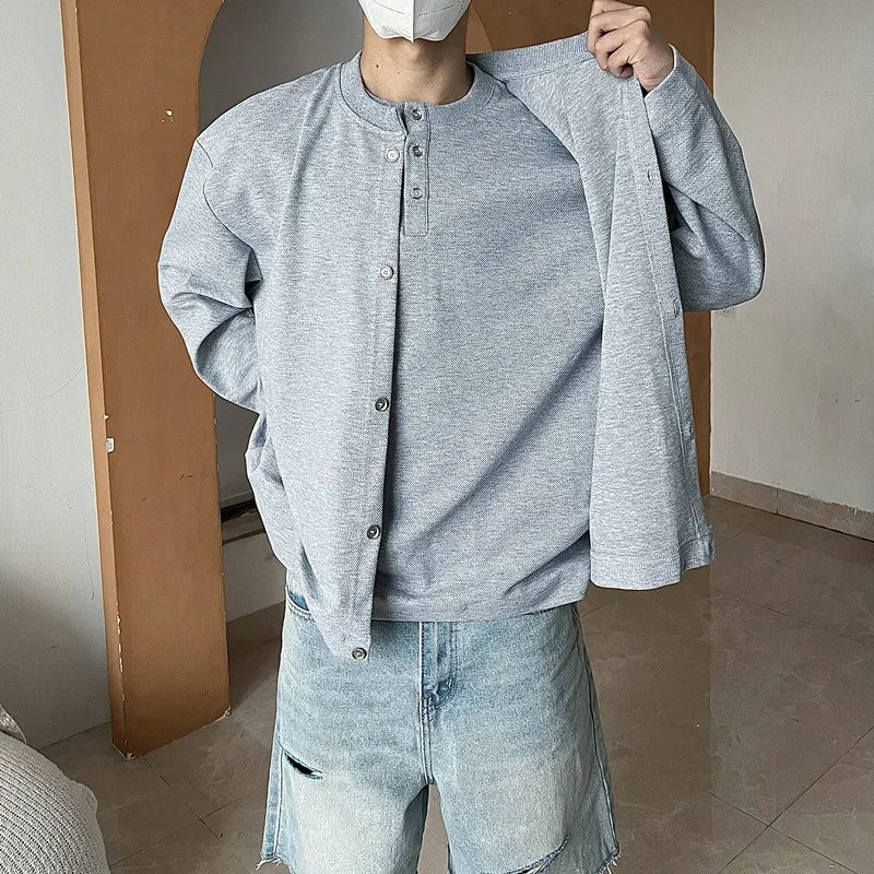 Streetwear New Casual Fake Two Piece Sweatshirts For Men Solid Color Henley Neck 2024 New Casual Fake Two Piece Sweatshirts For Men Solid Color Henley Neck Button Jackets Korean Fashion Loose Y2K Sudaderas Fashion Sweater Jacket With Graphic Design For Men