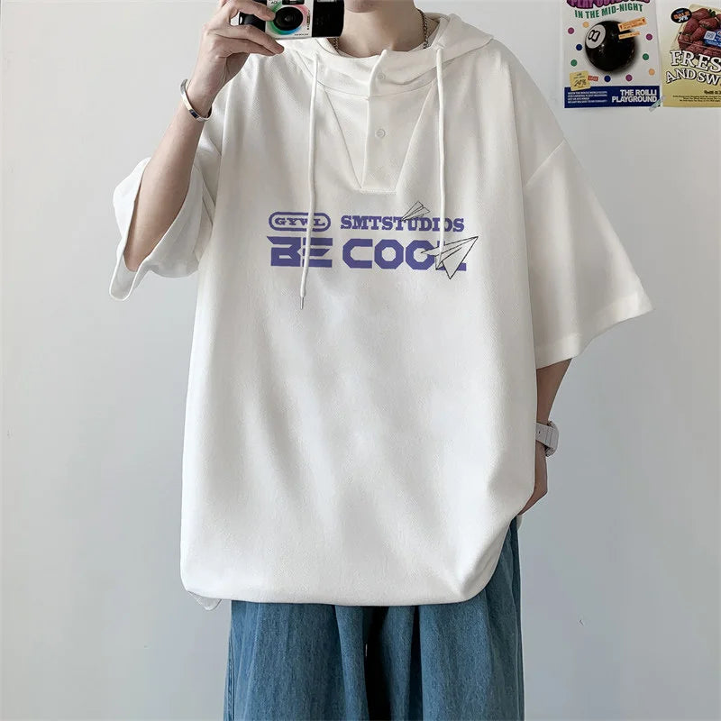New Men's Casual Hooded Y2K T-Shirt Summer Short Sleeve Letter Printed T Shirts Hombre Oversized Hip Hop Fashion Gym Tee Tops Street King Limited