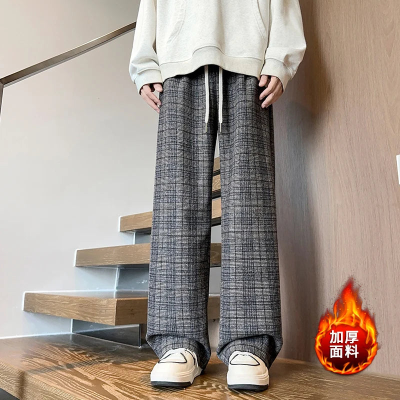mens plaid pants baggy winter trendy fleece loose straight wide leg mopping trousers unisex thick velvet warm long pants unique default style 1118
