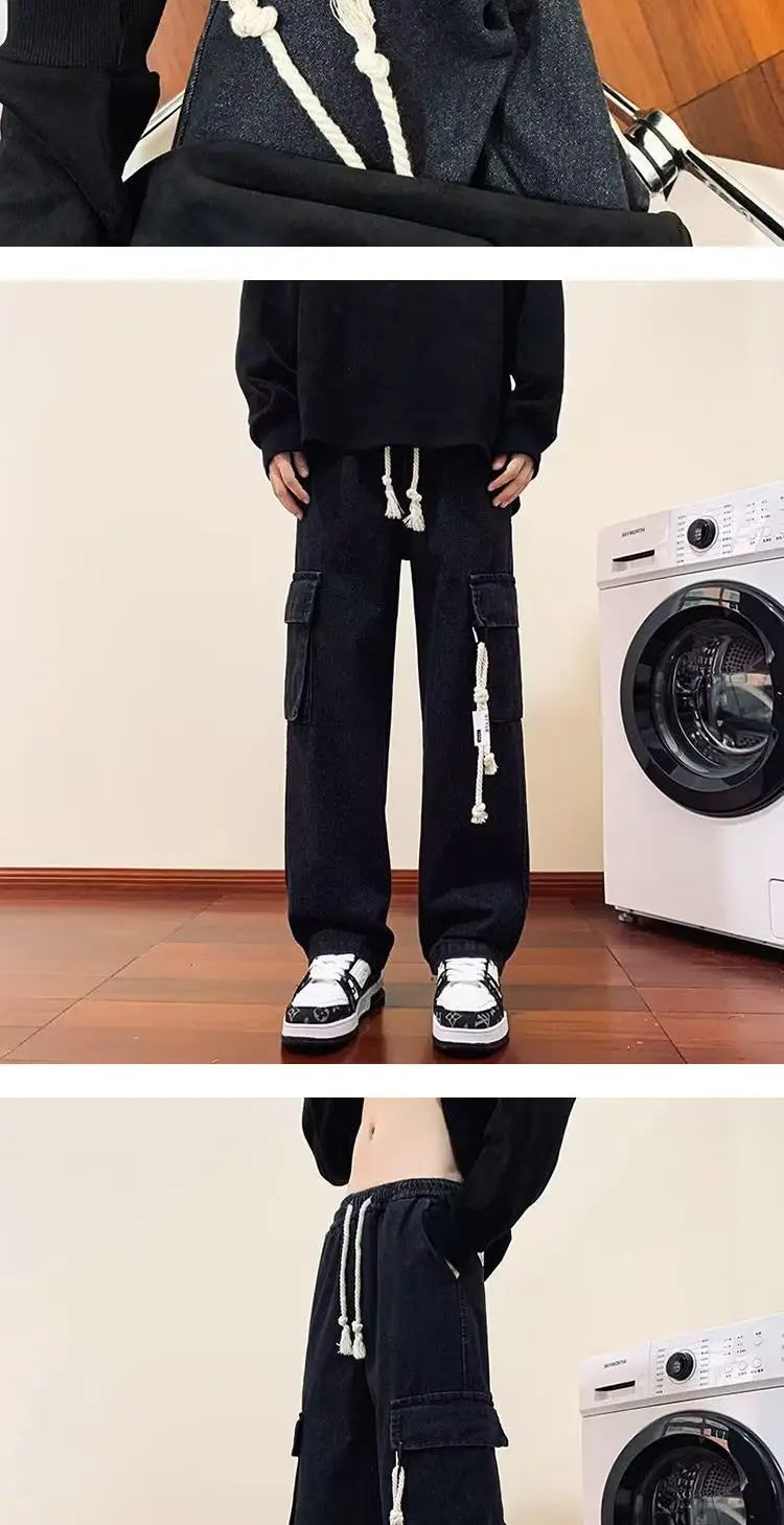 american retro and personalized straight leg jeans for men and women with hiphop big pocket design work pants loose casual pants unique jeans style 762