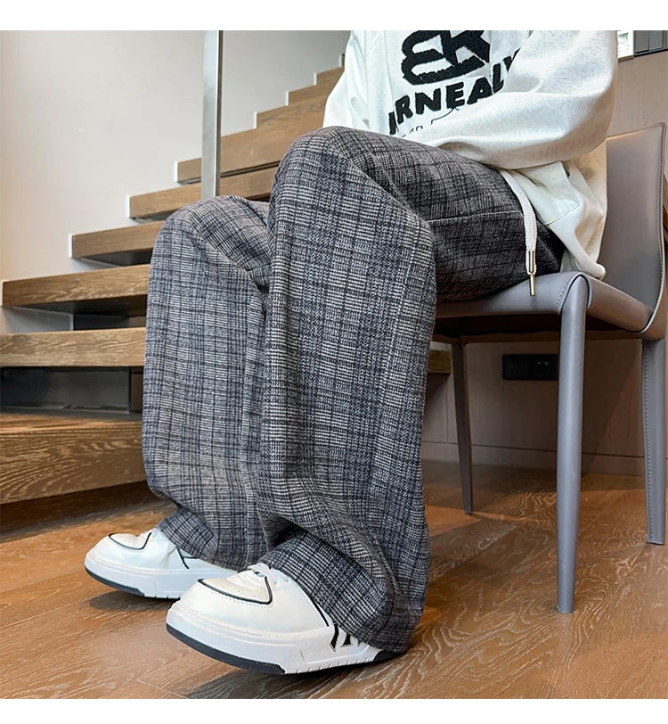 mens plaid pants baggy winter trendy fleece loose straight wide leg mopping trousers unisex thick velvet warm long pants unique default style 1115