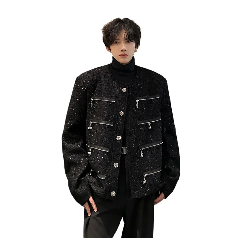 multi zipper sequin woolen jacket men french retro fashionable casual christmas jacket spring autumn coat stage show clothing minimalist street pants