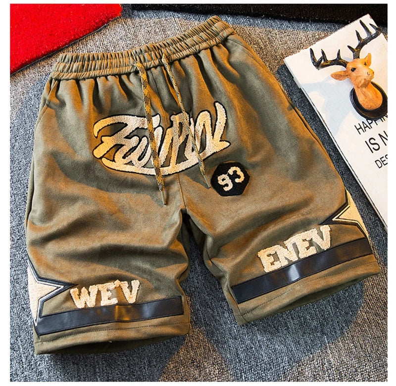 Suede Shorts Men 2024 Summer Men's High Street Letter Print Loose Five-point Pants Straight Simple fashion American basketball s Street King Limited