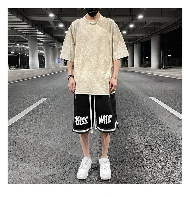 Merican Hip-hop Summer Thin Section Suede Cashew Flower Print Tshirts Tops Men and Women Loose Short-sleeved T-shirts Oversized Street King Limited