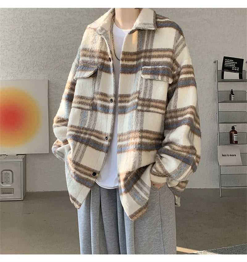 winter y2k vintage striped woolen jackets for men patchwork long sleeve plaid cardigan coats high street cargo shirt jacket unique cargo style 74