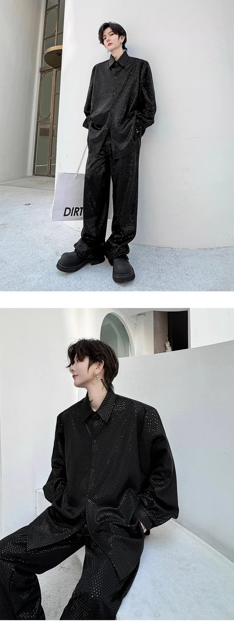mens sequin 2 piece sets loose casual long sleeve shirt pant stage fashion party show clothing dress shirts trousers costumes unique default style 2765