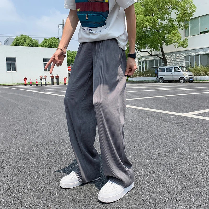 Summer Pleated Pants Men Oversized Gray Black Casual Trousers Men Japanese Streetwear Loose Wide Leg Pants Mens Ice Silk Pants Street King Limited