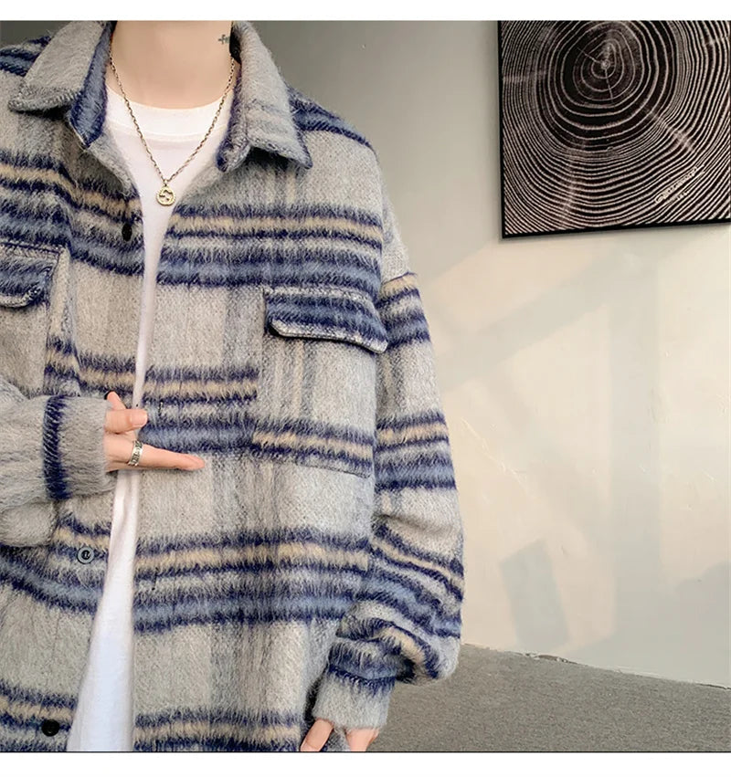 winter y2k vintage striped woolen jackets for men patchwork long sleeve plaid cardigan coats high street cargo shirt jacket unique cargo style 71