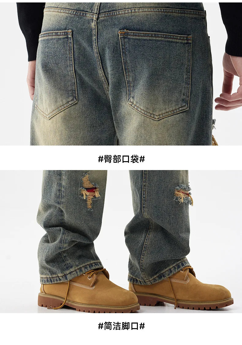 men broken hole patch loose casual plus size straight ripped denim pants jeans man streetwear fashion baggy jeans trousers unique jeans style 3049