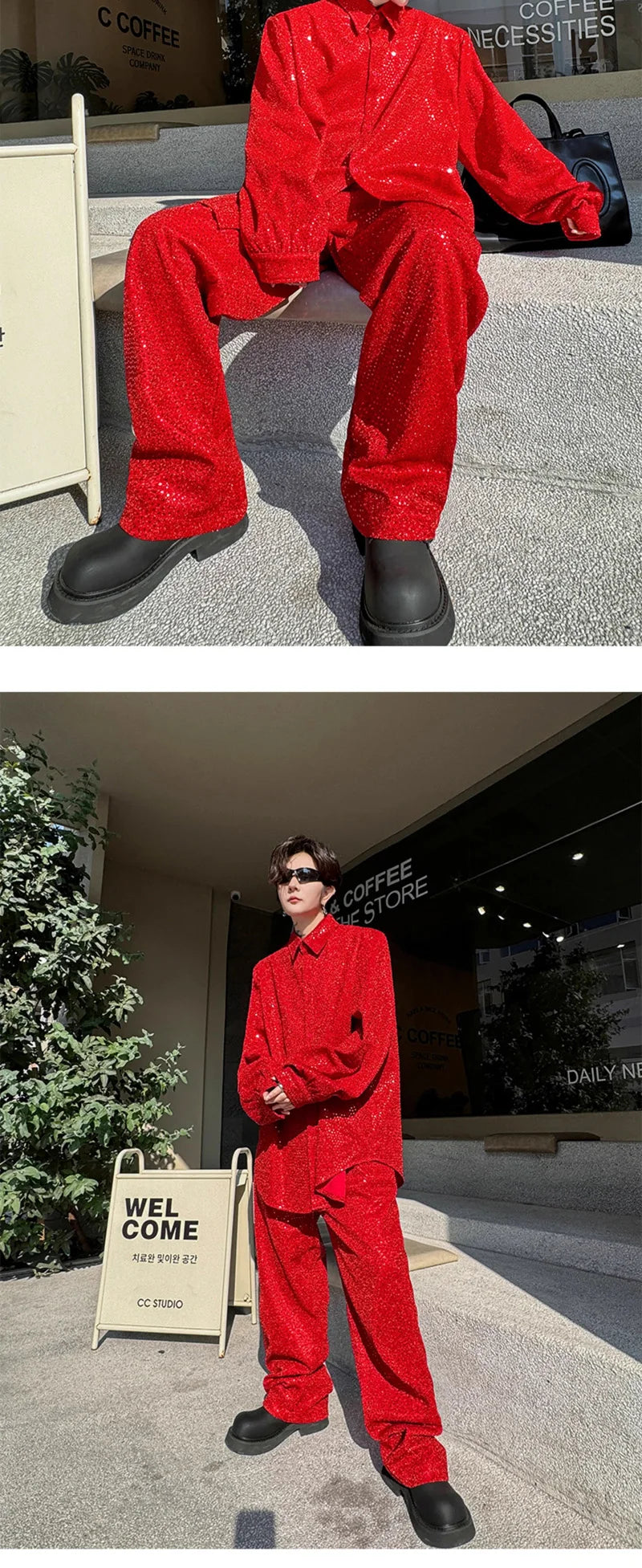 mens sequin 2 piece sets loose casual long sleeve shirt pant stage fashion party show clothing dress shirts trousers costumes unique default style 2773