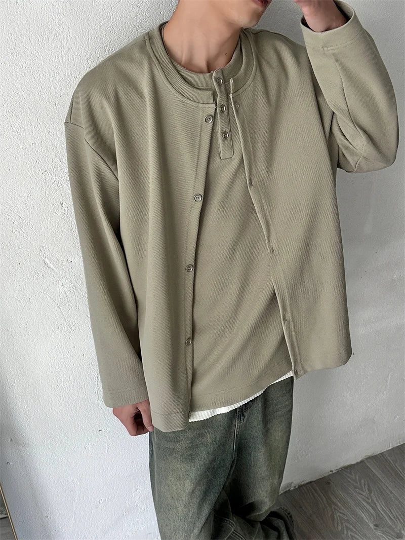Streetwear New Casual Fake Two Piece Sweatshirts For Men Solid Color Henley Neck 2024 New Casual Fake Two Piece Sweatshirts For Men Solid Color Henley Neck Button Jackets Korean Fashion Loose Y2K Sudaderas Fashion Sweater Jacket With Graphic Design For Men