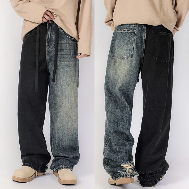 men streetwear fashion black blue splice hip hop loose casual wide leg straight baggy jeans pant cityboy jeans pants trousers urban skinny jeans