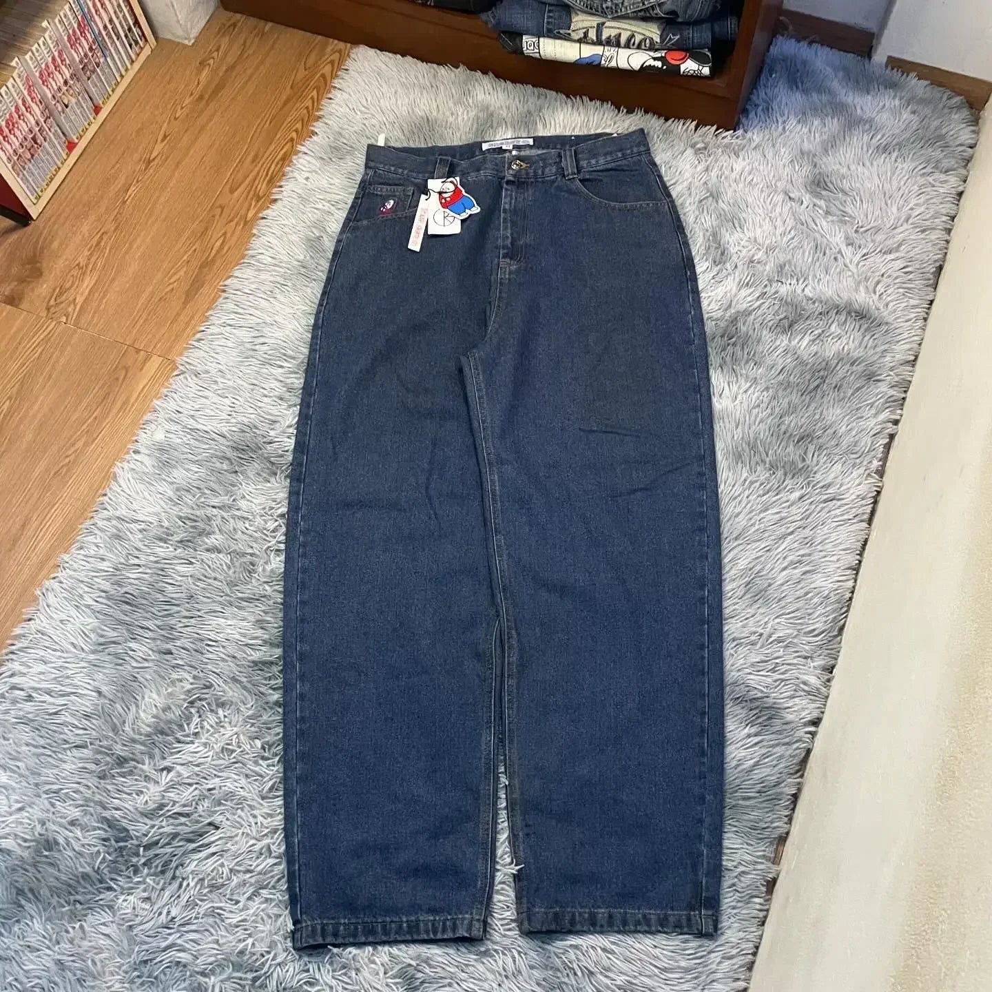 hip hop polar big boy jeans streetwear cartoon embroidery y2k pants vintage blue baggy jeans mens womens high waist wide trouser unique jeans style 4130