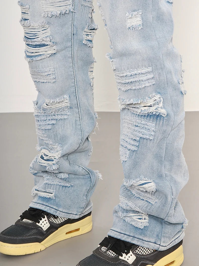 men distressed ripped destroied holes denim jean pants fashion zipper biker jeans streetwear flare pants joggers y2k men s jeans sporty tapered joggers
