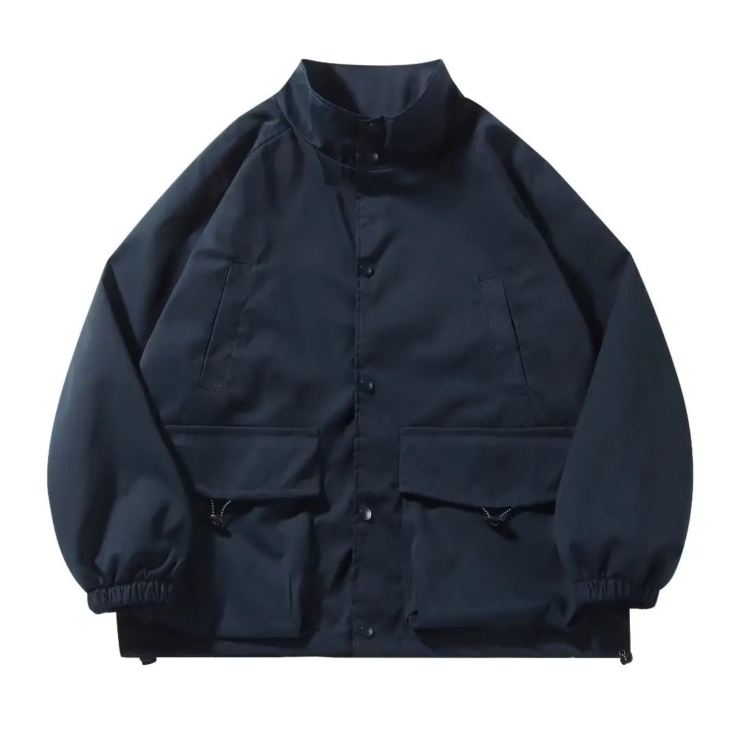 japanese spring jacket mens single breasted stand collar harajuku unisex coats solid big pocket drawstring casual men outwear unique default style 1901