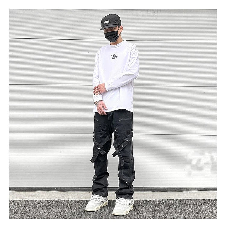 fashion knee adjust belt decoration denim jeans zipper straight jeans hip hop streetwear mens casual loose joggers jeans pants unique joggers style 1533