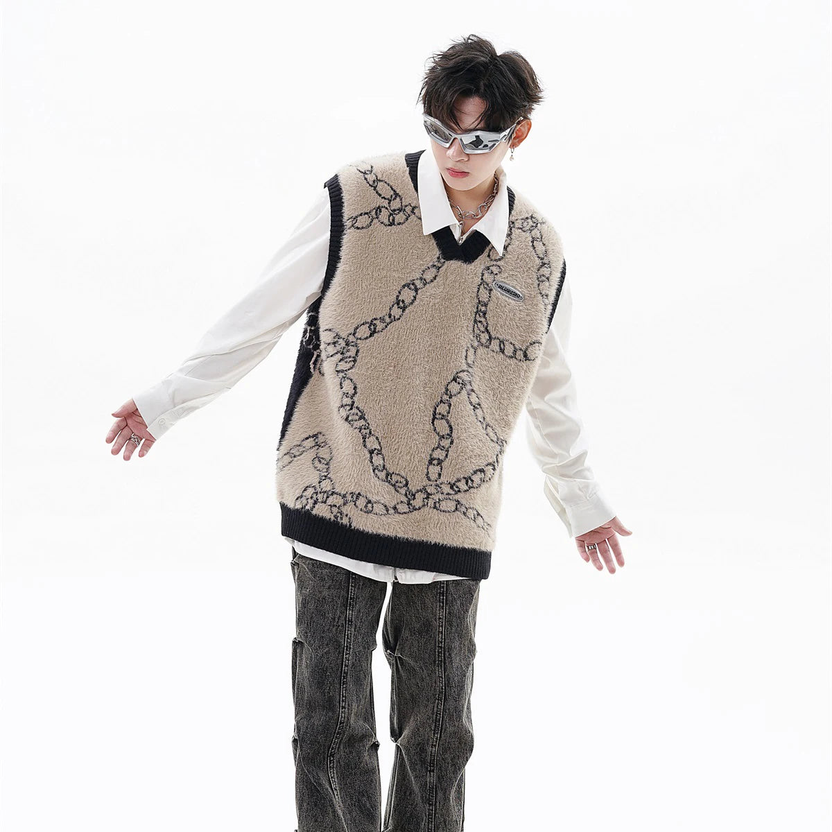 High Street Harajuku Imitation Mink Hair Knitted Vest Chain Color Block V-neck Pullover Sweater Vest Oversized Knitwear Trendy Street King Limited