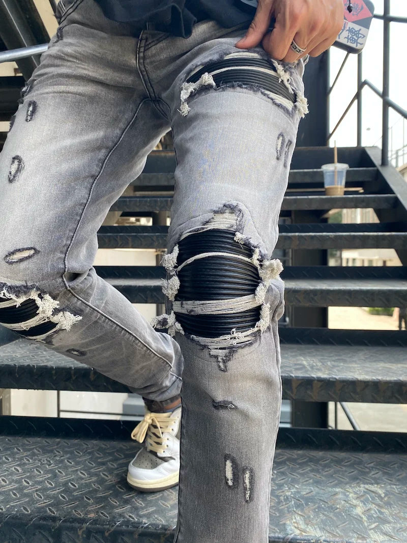 knee holes patckwork skinny denim jeans mens casual button fly slim biker trousers fashion streetwear hip hop jean pants joggers casual joggers