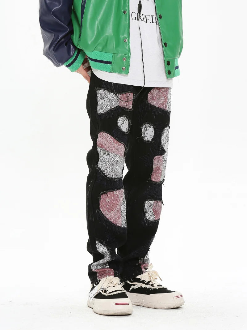 patchwork harajuku denim jeans mens zipper jeans hip hop fashion streetwear new casual straight joggers pants jeans for men relaxed fit joggers