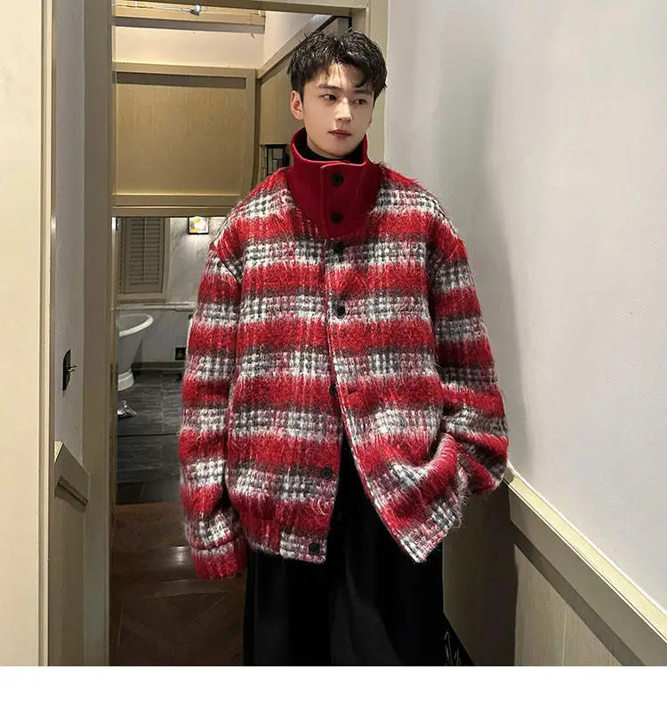 men turtleneck trendy brand fashion stripe christmas woolen bomber jacket women oversize plaid top coat outerwear unique default style 1154