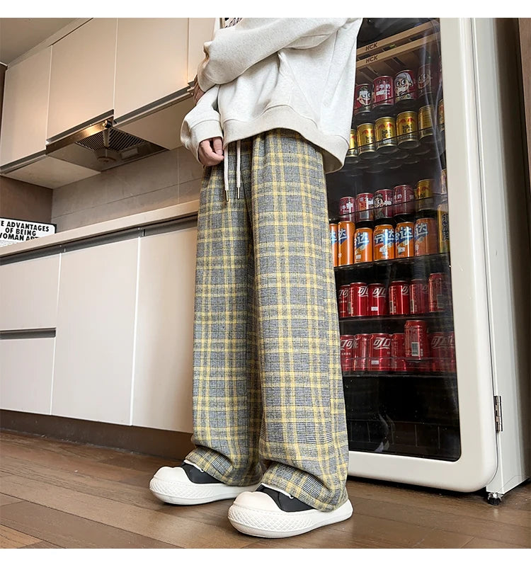 mens plaid pants baggy winter trendy fleece loose straight wide leg mopping trousers unisex thick velvet warm long pants unique default style 1109