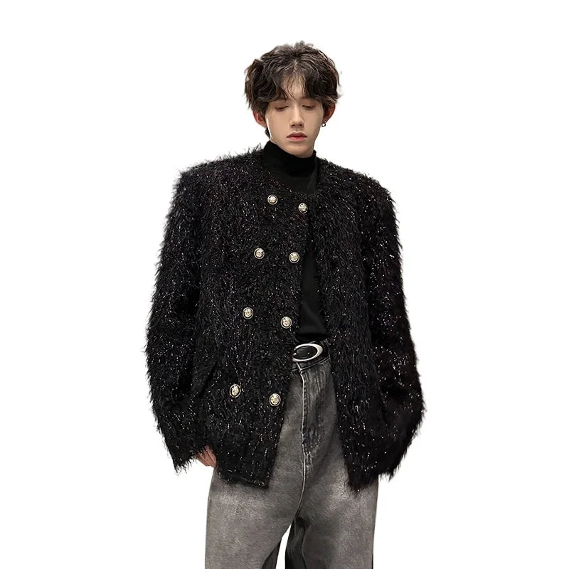 men double breasted french streetwear retro fashion loose casual tassels woolen short jacket man korean coat outerwear drawstring street shorts