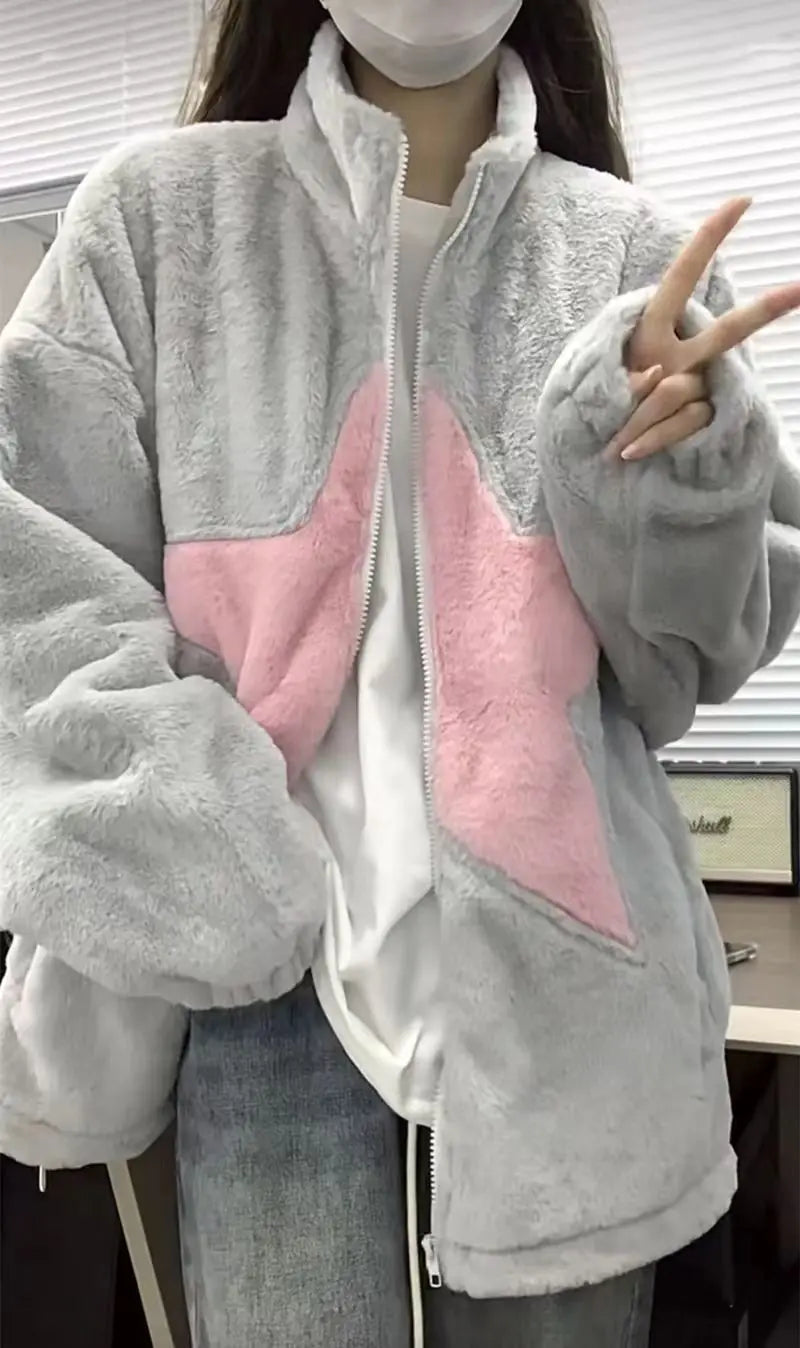 High Quality Plush Coat Pink Stars Zip Sweater Autumn Winter Jacket Women Warm Casual Slouchy Style Y2k Top Korean Fashion Coats Street King Limited