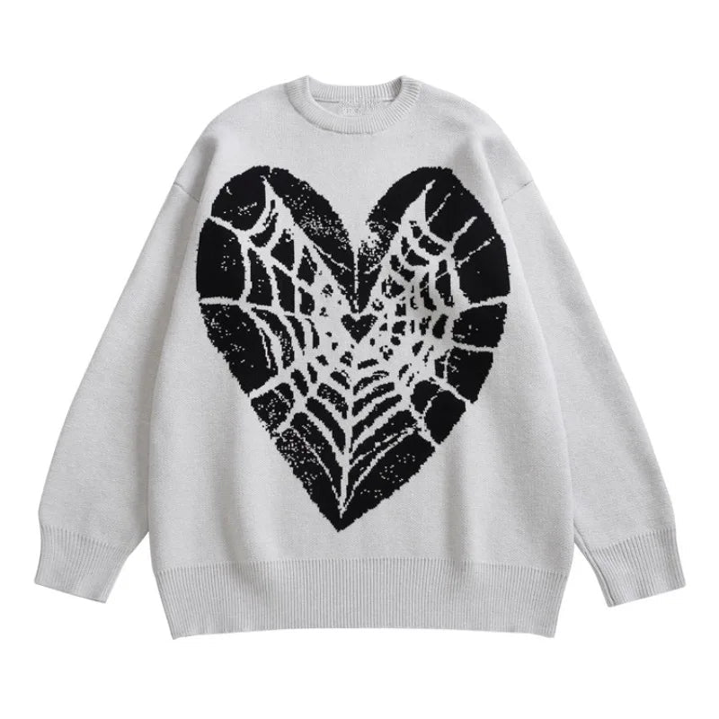 Hip Hop Knitted Sweater Men Winter O-neck Anime Spider Web Pattern Pullover Streetwear Casual Loose Sweater Warm Jumper Knitwear Street King Limited