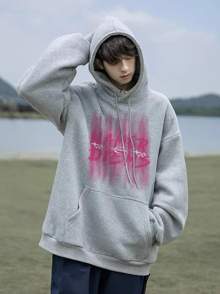 2024 New Graffiti Letter Print Hooded Fleece Sweatshirt For Men Loose Fit Hip Hop Fashion Pullover Hoodies Y2K Streetwear Hoodie Street King Limited