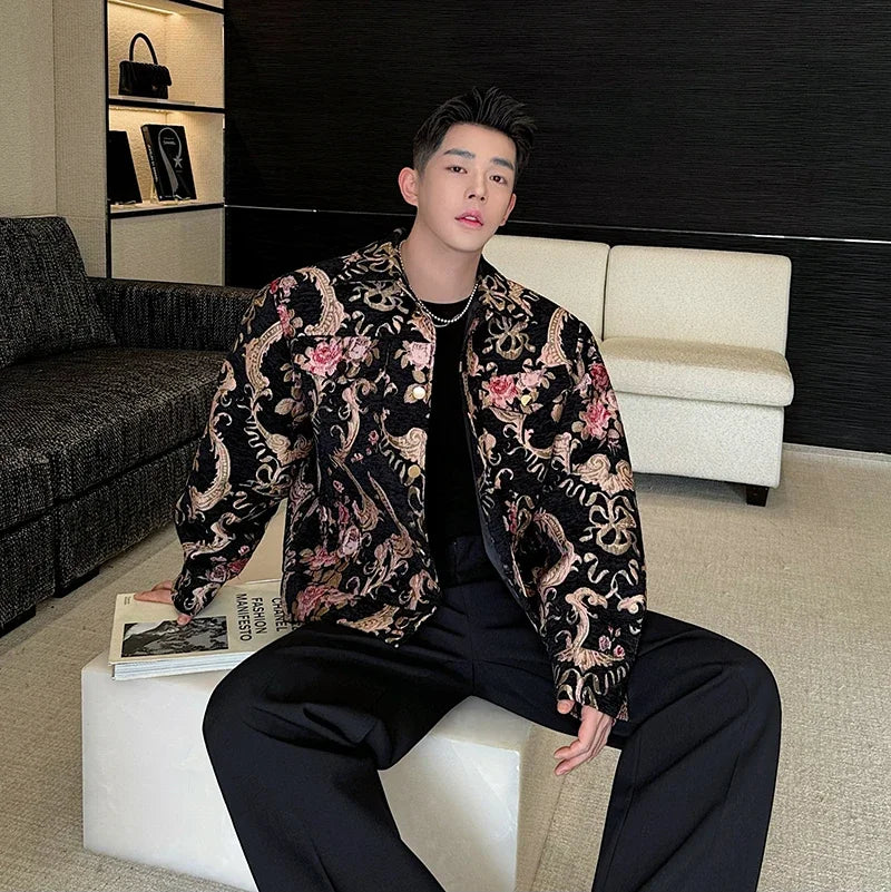 men palace style retro jacquard flower fashion show loose jacket man party dress vintage coat costumes spring autumn clothes urban fashion pants