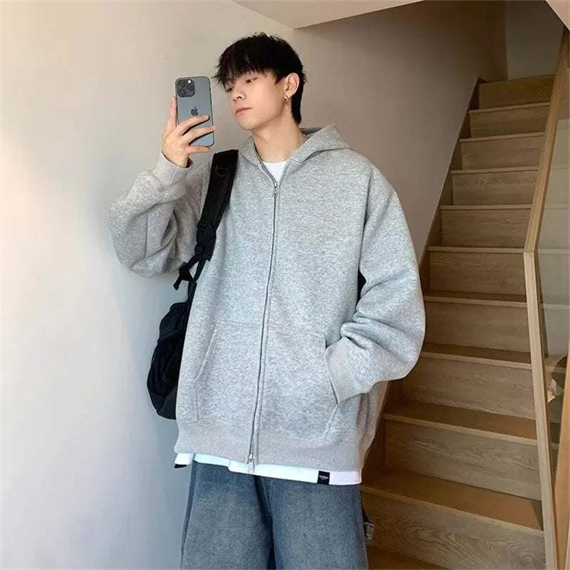 winter mens fleece zipper hooded sweatshirts 2025 new classic solid color oversized hoodies y2k streetwear outerwear tracksuit unique default style 23