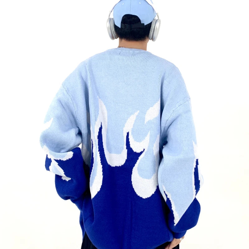 Hip Hop Fire Knitted Oversized Sweater Men Autumn Winter O-neck Long Sleeve Pullover Streetwear New Loose Tops Sweaters Clothing Street King Limited
