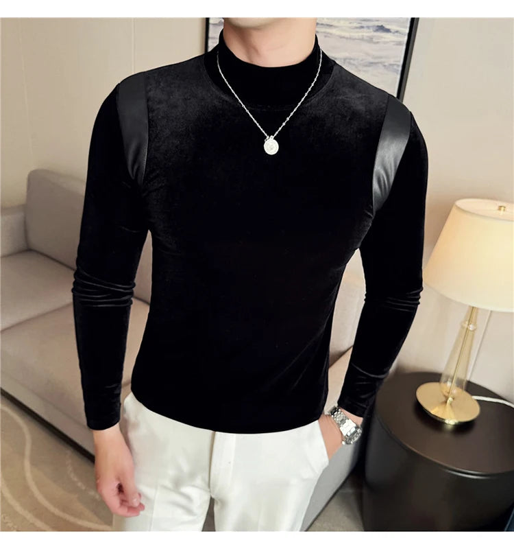 Turtleneck Stretch Slim-fit T-shirt Men Long Sleeve Thicken Elastic Velvet Retro Fashion Casual Tshirt Handsome Man T Shirts Street King Limited