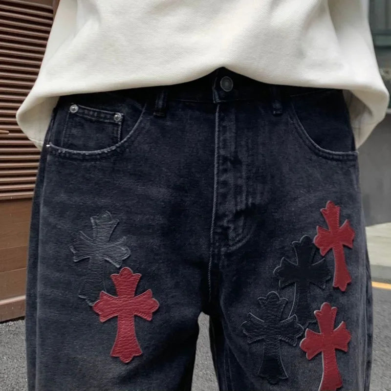 men embroidery streetwear brand fashion hip hop loose casual straight motorcycle denim jeans pant cityboy y2k jeans trousers denim street jeans