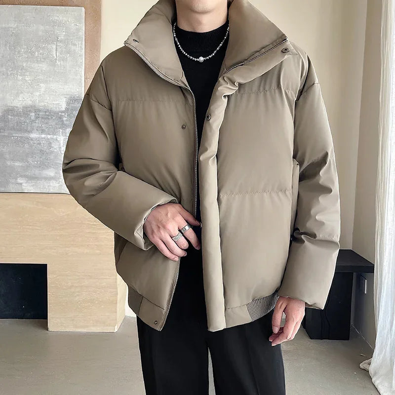 Winter Stand Collar Thicken Leather Short Jacket Men Fashion Loose Casual Warm Cotton-padded PU Leather Bomber Jacket Parka Coat Street King Limited