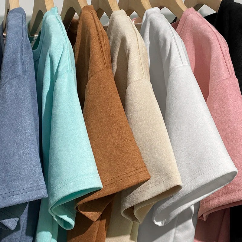 Summer Short Sleeve T-shirt Men Fashion Retro Suede T Shirt Men Streetwear Hip Hop Loose Round Neck Solid Color Tshirt Mens Top Street King Limited