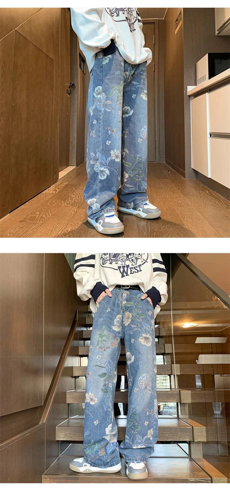 american high street floral printed jeans for men 2024 new y2k vintage denim trousers hip hop fashion wide leg baggy jean pants unique jeans style 399