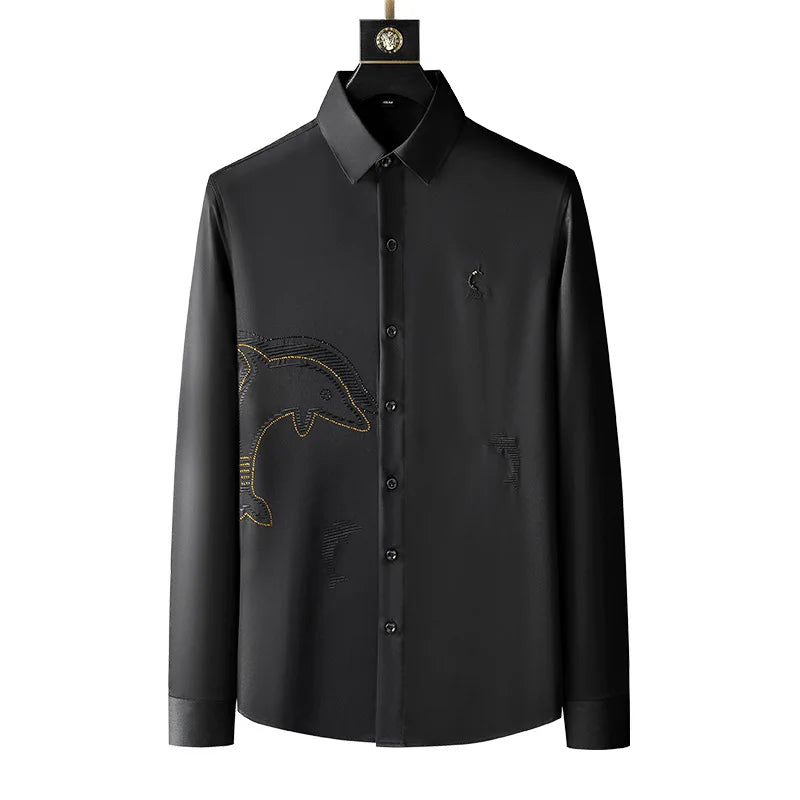 New Men luxurious Diamond Rhinestones Embroidered Dolphin Fashion Cotton Casual Shirts Shirt high Pocket Long-sleeves 5XL #A672 Street King Limited
