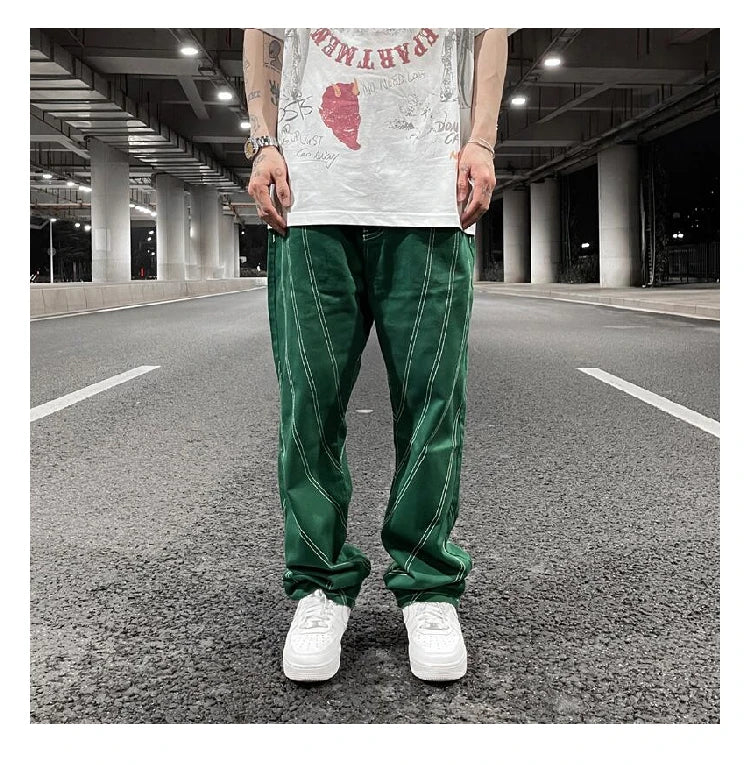 fashion design lines denim jeans mens zipper loose straight trousers hip hop new casual streetwear pants joggers baggy jeans unique joggers style 412