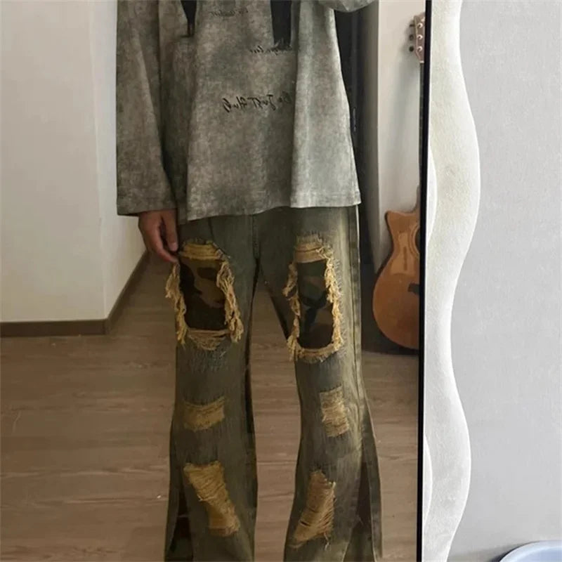 hip hop camouflage ripped patchwork denim pants for men y2k vintage streetwear wide leg jean 2025 new distressed baggy jeans urban skinny jeans