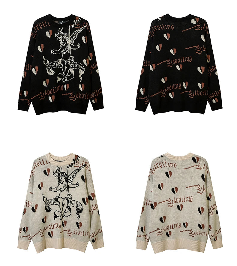 Hip Hop Harajuku Angle Pattern Knitted Sweater Unisex Pullover Streetwear Winter Casual Loose Mens Sweater Warm Jumper Knitwear Street King Limited