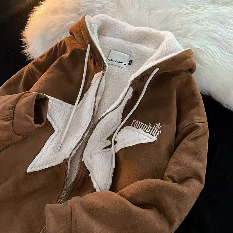 Star Hoodie American Style Retro Jackets Five Pointed Plush Thickened Lamb Wool Coat Women Autumn and Winter Loose Lazy Style Street King Limited
