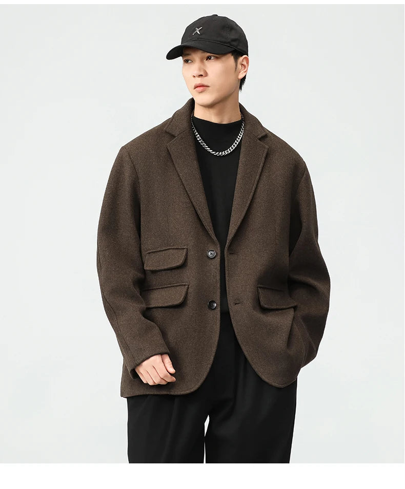 men autumn winter streetwear fashion retro wool thick blazer jacket commuter business casual plus size suit coat outerwear unique default style 1358