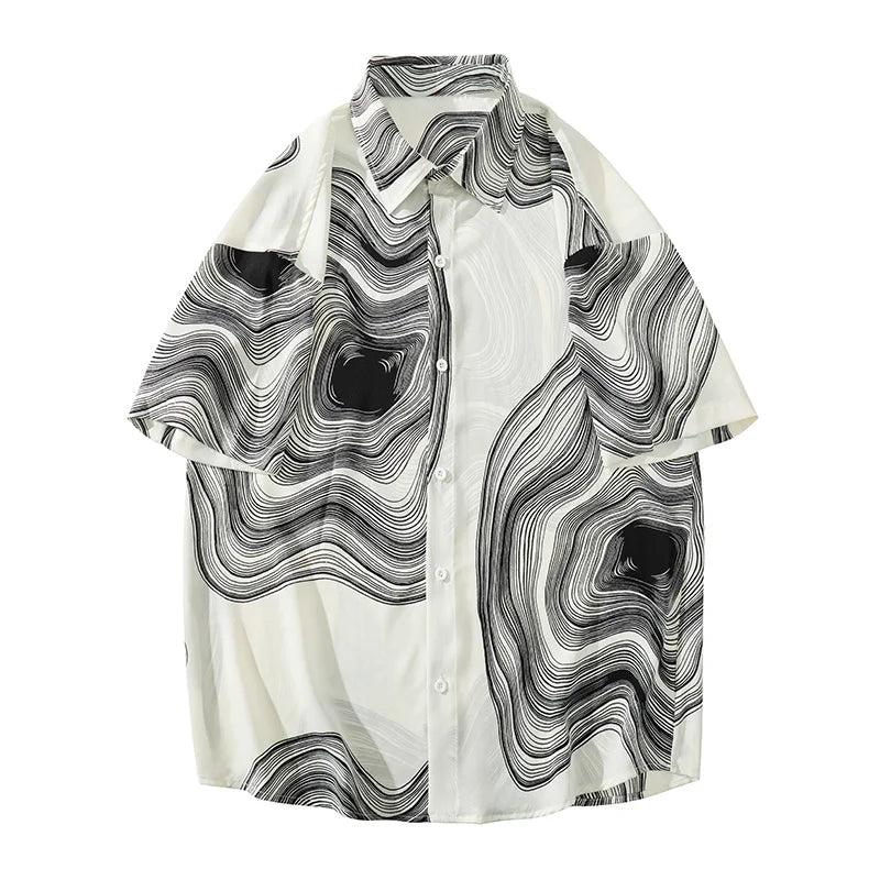 Summer Short Sleeve Shirt Men Fashion Retro Print Shirt Men Loose Black White Ice Silk Shirts Mens Hawaiian Shirt Large Size Street King Limited