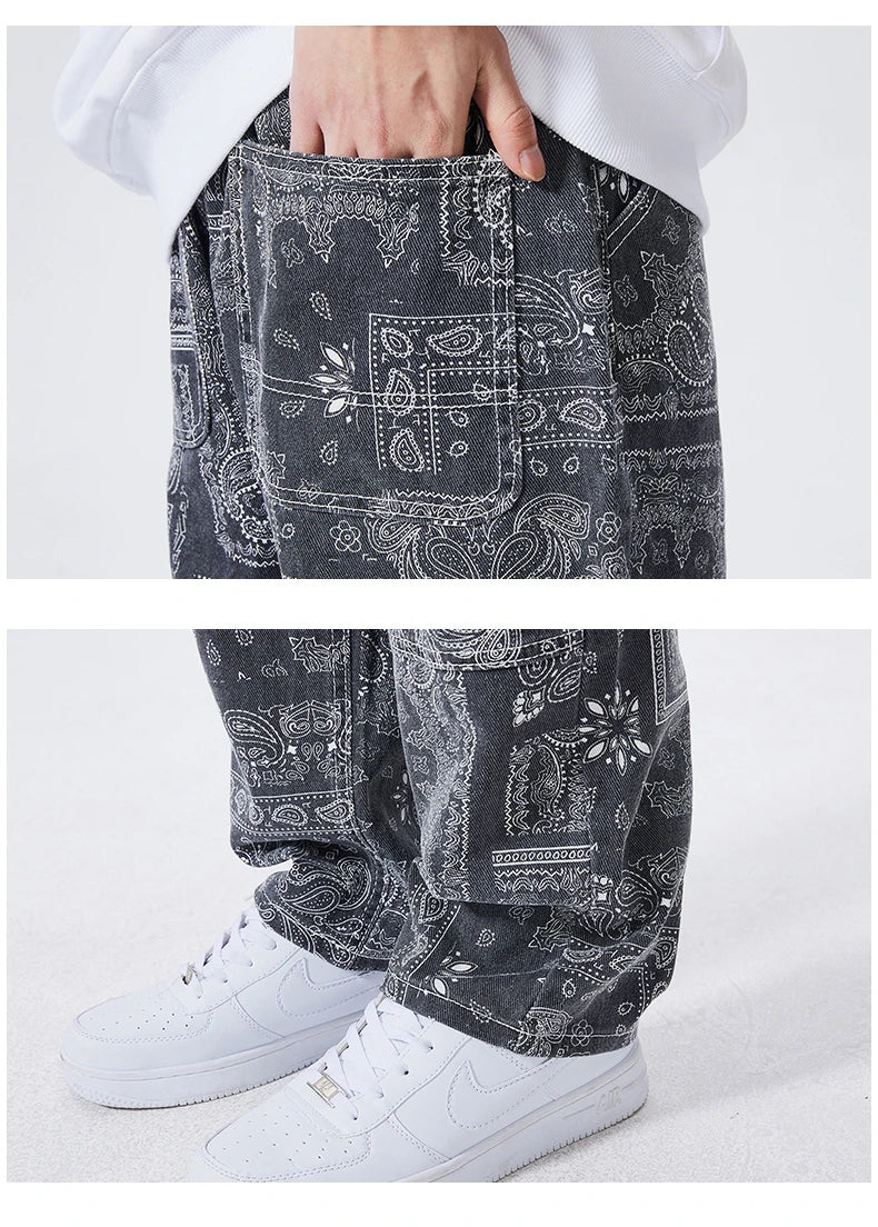 mens hip hop straight denim jeans pants fashion zipper paisley jeans streetwear casual loose trousers pants joggers baggy jeans unique joggers style 1803