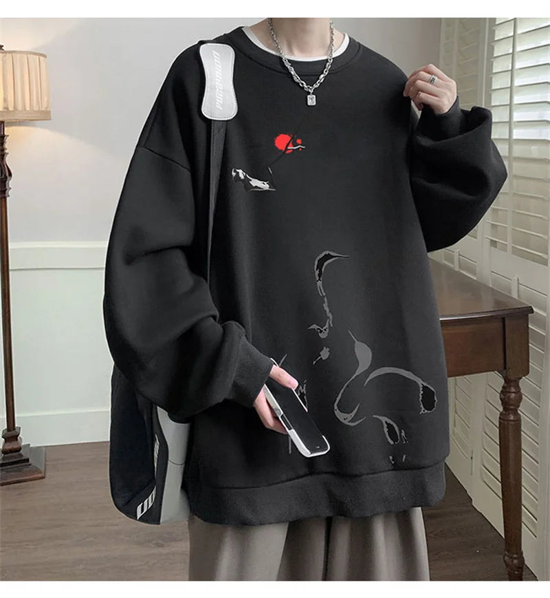 Ink Painting Cartoon Crane Printed Pullover Hoodies For Men 2024 New Hip Hop Fashion Crewneck Hoody Y2K Streetwear Sweatshirts Street King Limited